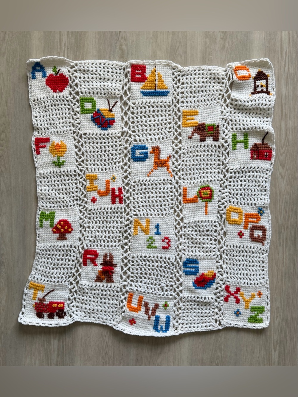 Vintage Crochet Alphabet Baby Kids Blanket Crib Handmade